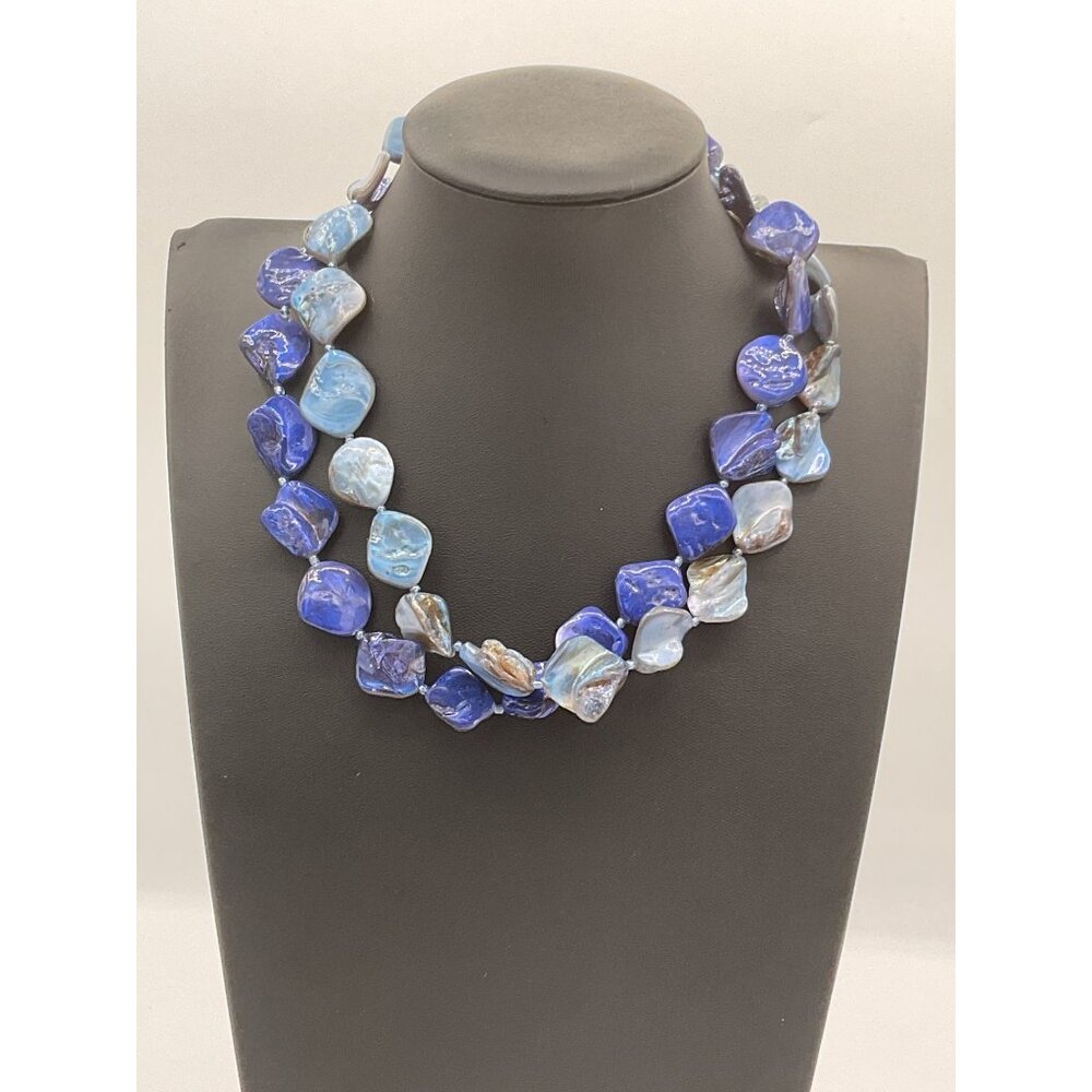 Blue & Silver Iridescent Seed Pearl Necklace Adjustable Length With Lobster Clas